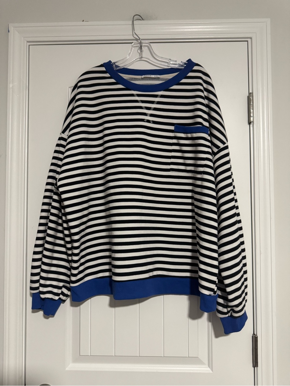 Striped Blue & White Crewneck Sweatshirt with Blue Trim